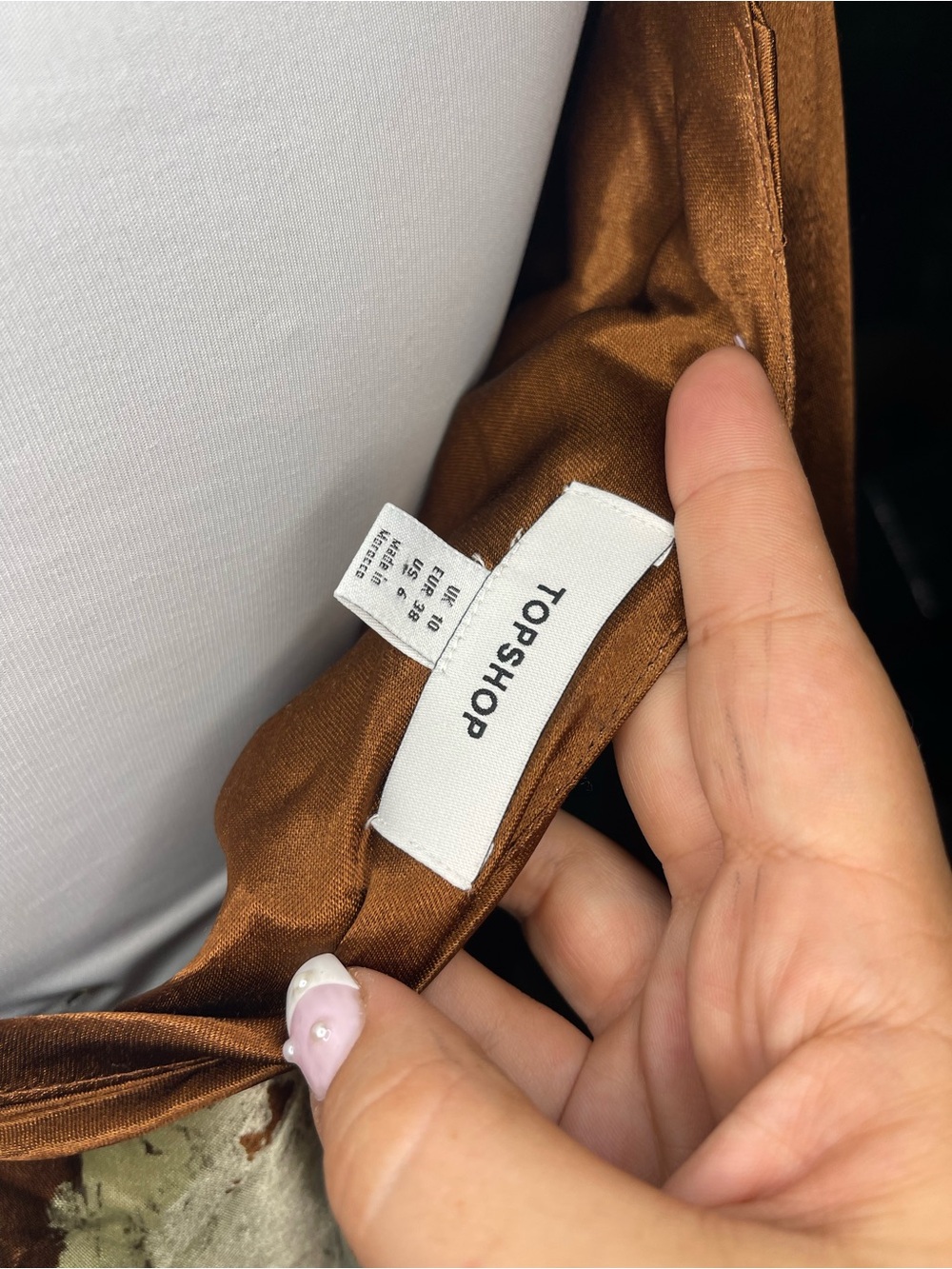 Topshop Bronze Satin Dress with Cream Floral Print - Picture 2 of 3